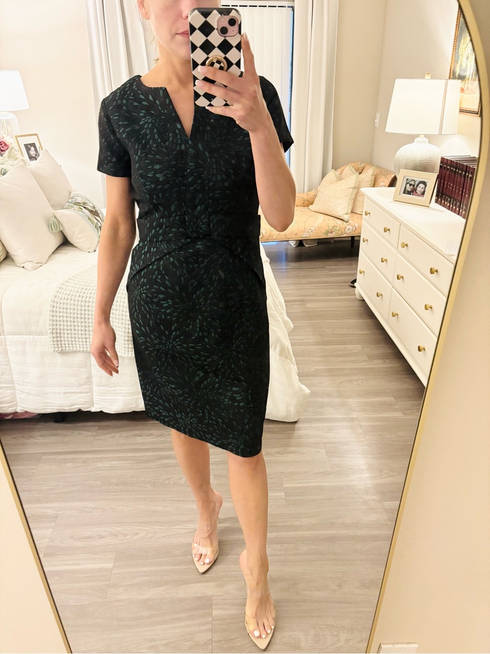 🖤 NWT Shani Collection Jacquard Bow Detail Sheath Dress in Black/Green